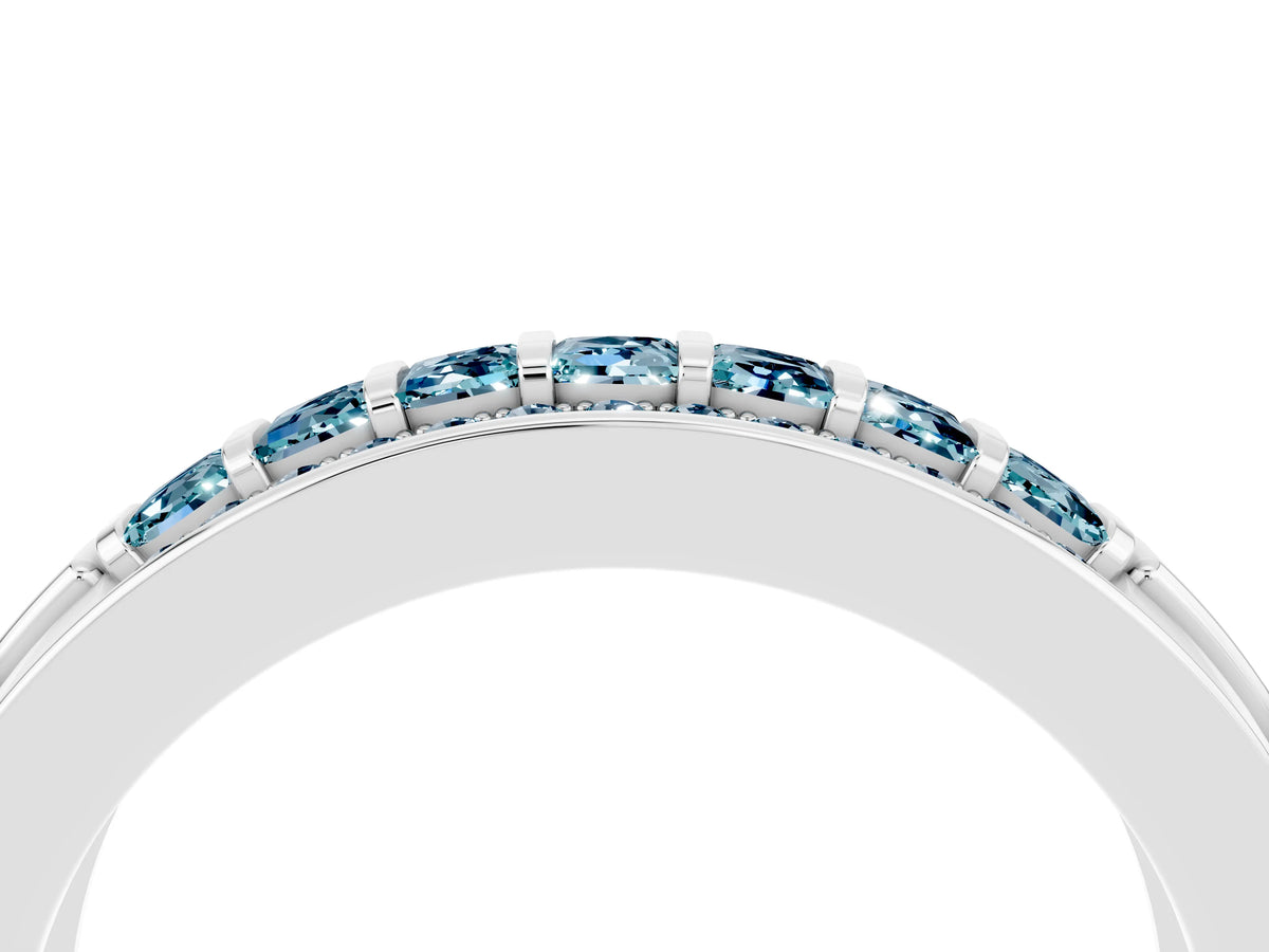 Princess Cut Aquamarine Bar-Set Pavé Band in White gold with Grooved Edge Detailing