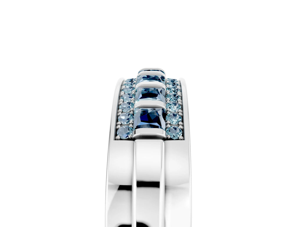 Princess Cut Aquamarine Bar-Set Pavé Band in White gold with Grooved Edge Detailing