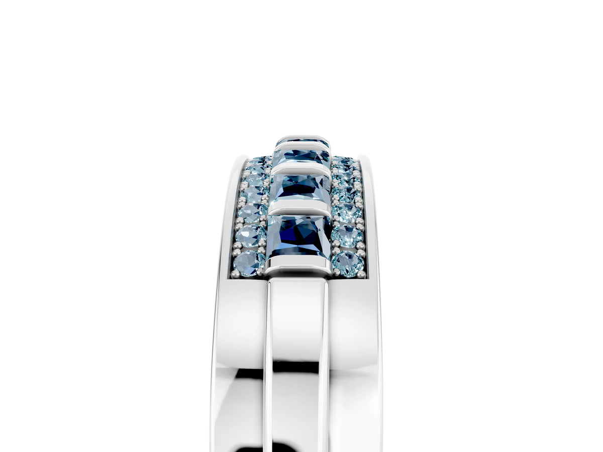 Princess Cut Aquamarine Bar-Set Pavé Band in White gold with Grooved Edge Detailing