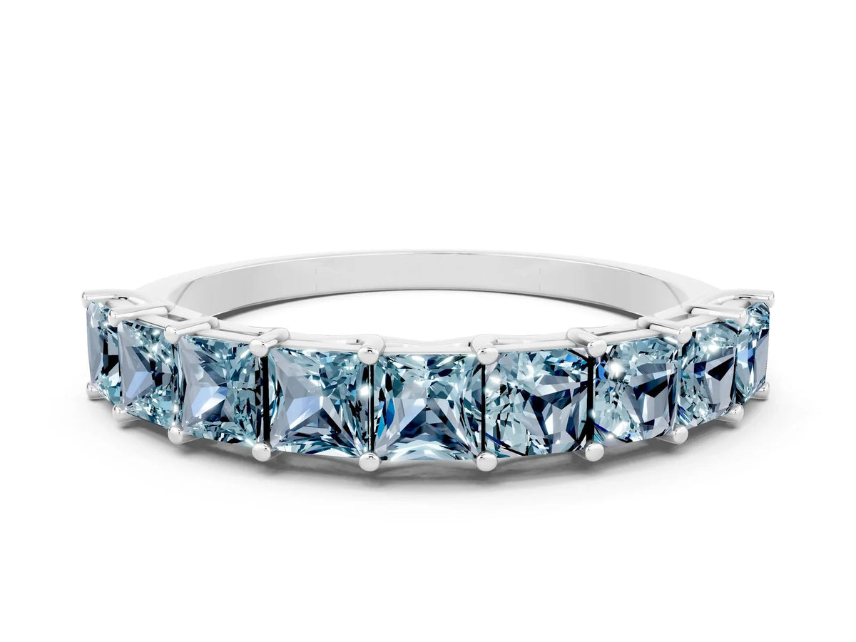 Princess Cut Aquamarine Eternity Band in Platinum with Channel Setting and Prong Detail 