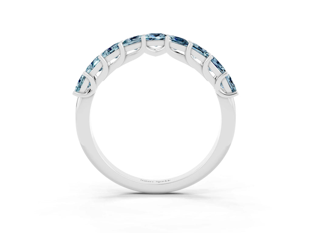 Princess Cut Aquamarine Eternity Band in Platinum with Channel Setting and Prong Detail