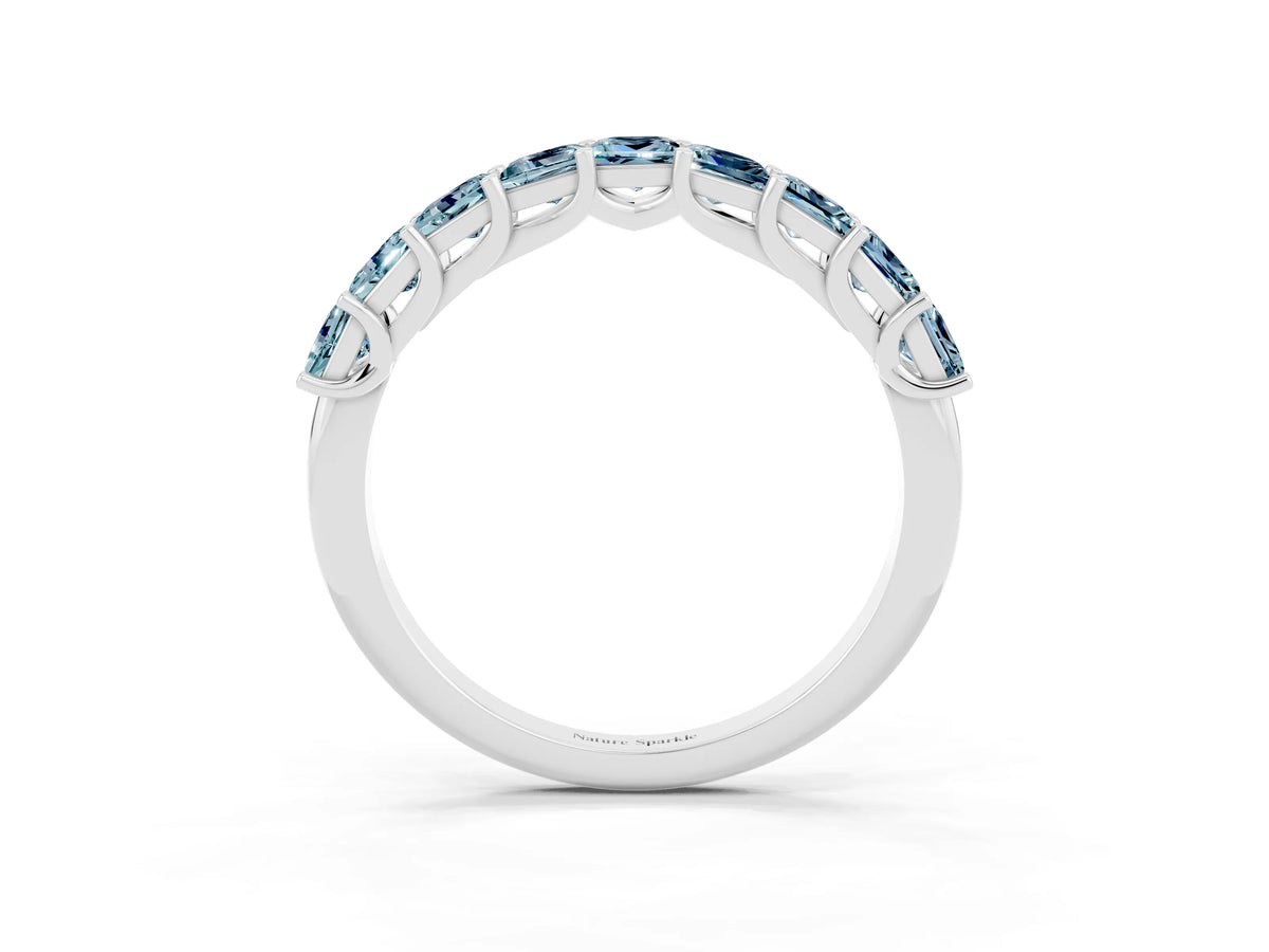 Princess Cut Aquamarine Eternity Band in Platinum with Channel Setting and Prong Detail