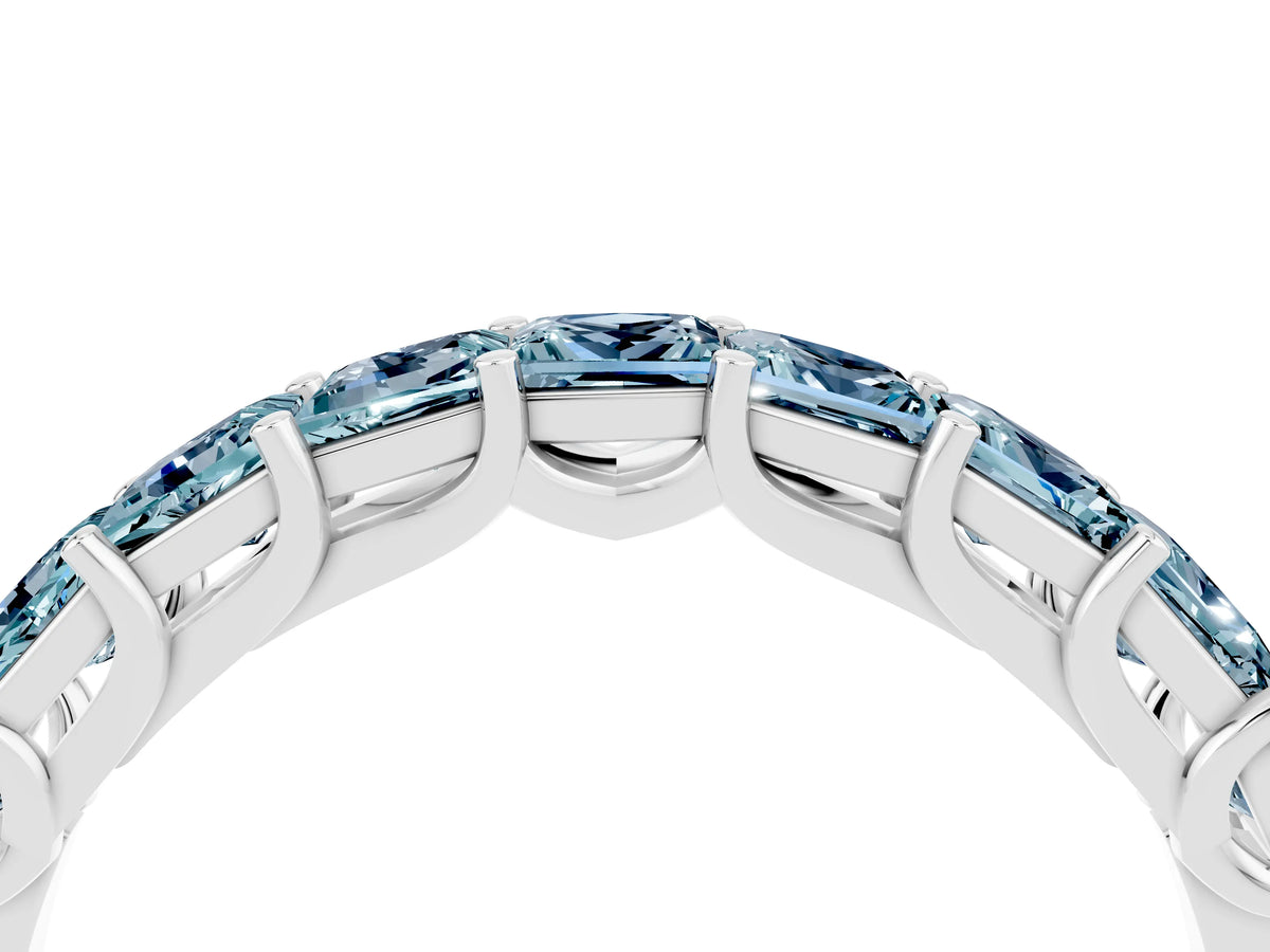 Princess Cut Aquamarine Eternity Band in Platinum with Channel Setting and Prong Detail