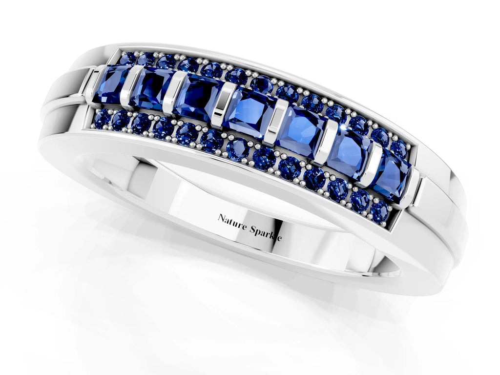 Princess Cut Blue Sapphire Bar-Set Pavé Band in White gold with Grooved Edge Detailing