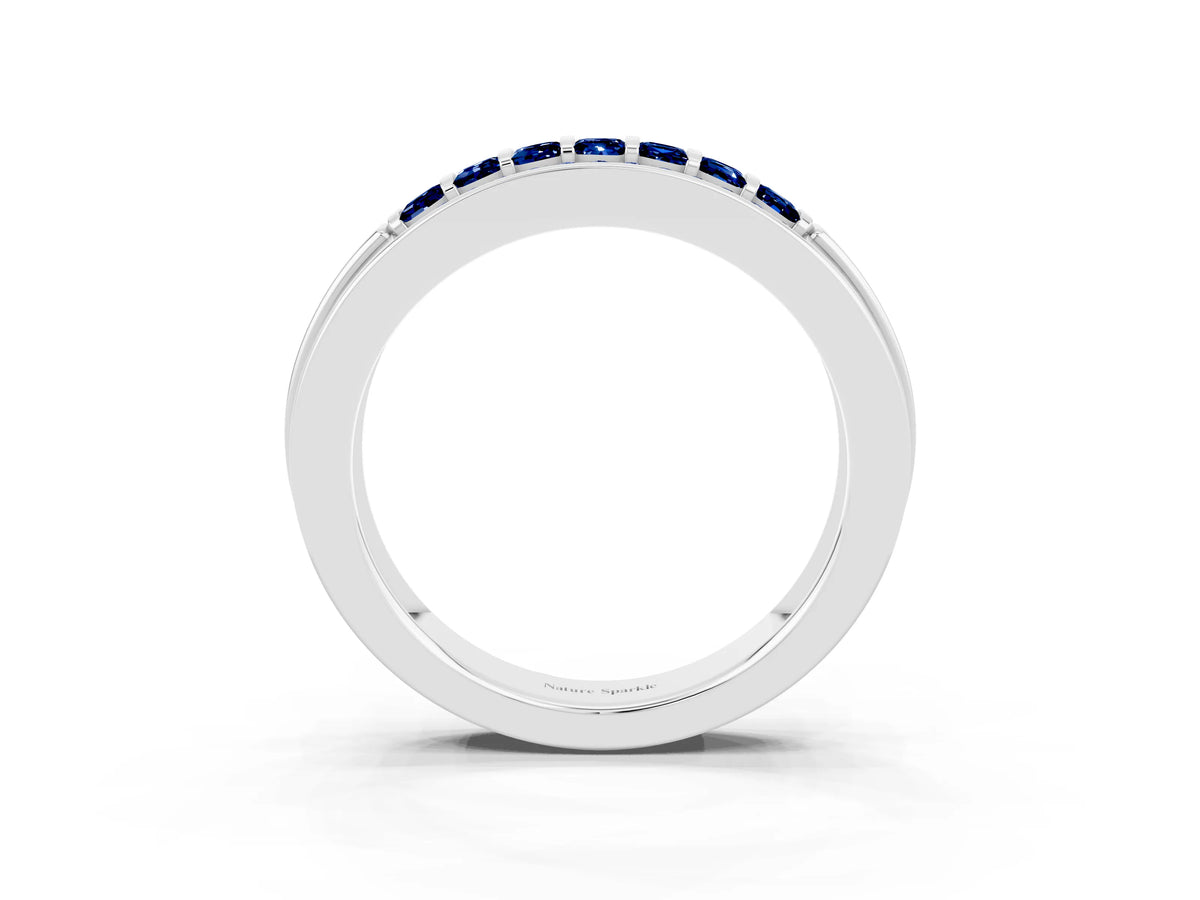 Princess Cut Blue Sapphire Bar-Set Pavé Band in White gold with Grooved Edge Detailing