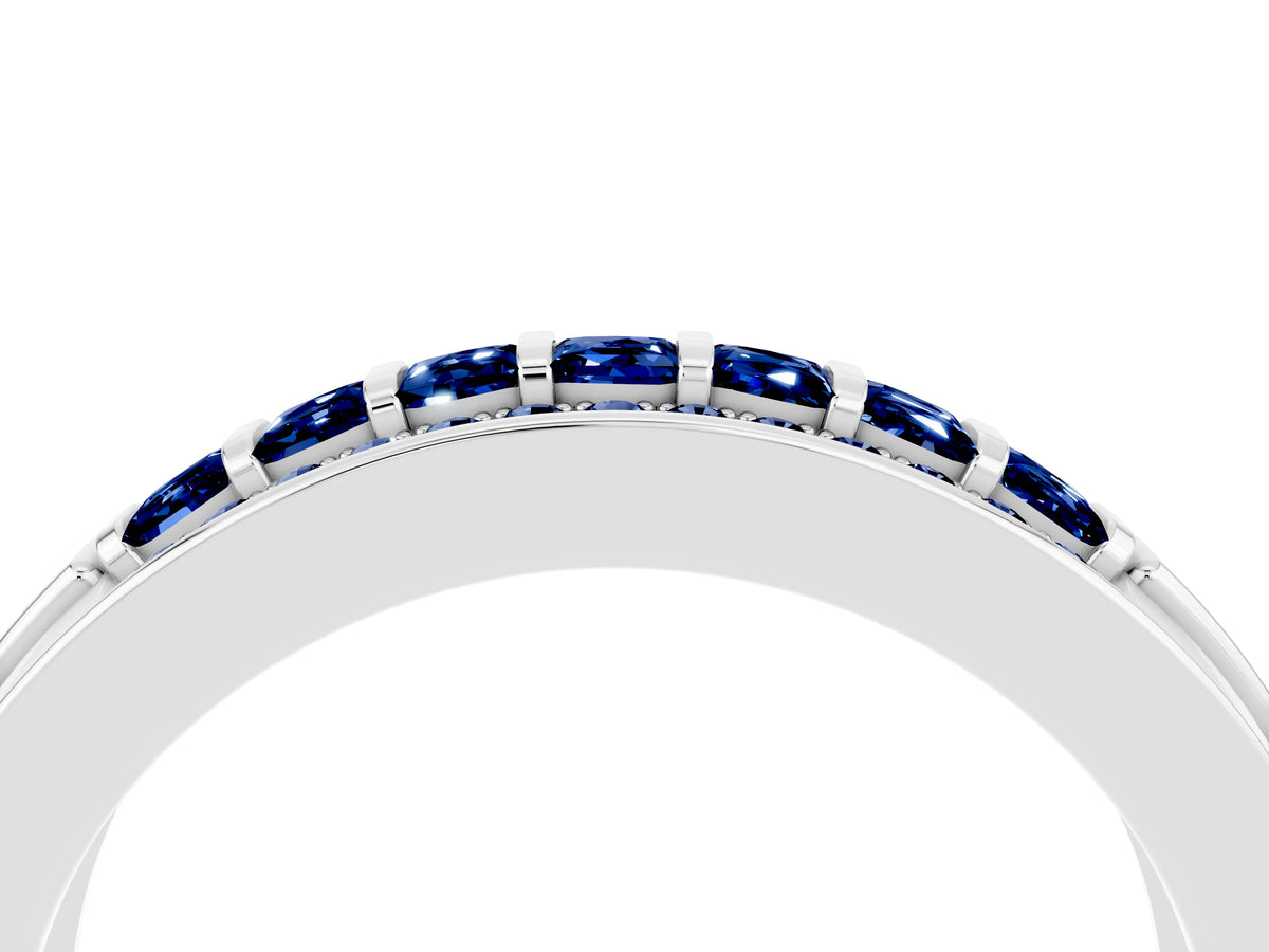 Princess Cut Blue Sapphire Bar-Set Pavé Band in White gold with Grooved Edge Detailing