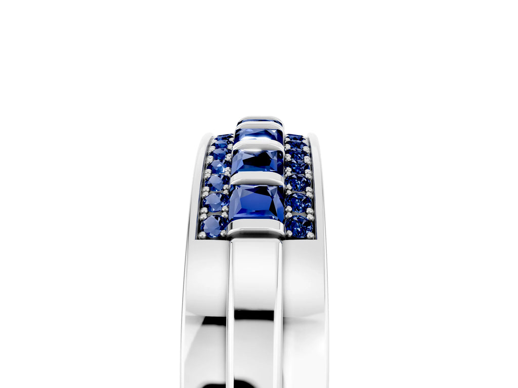 Princess Cut Blue Sapphire Bar-Set Pavé Band in White gold with Grooved Edge Detailing