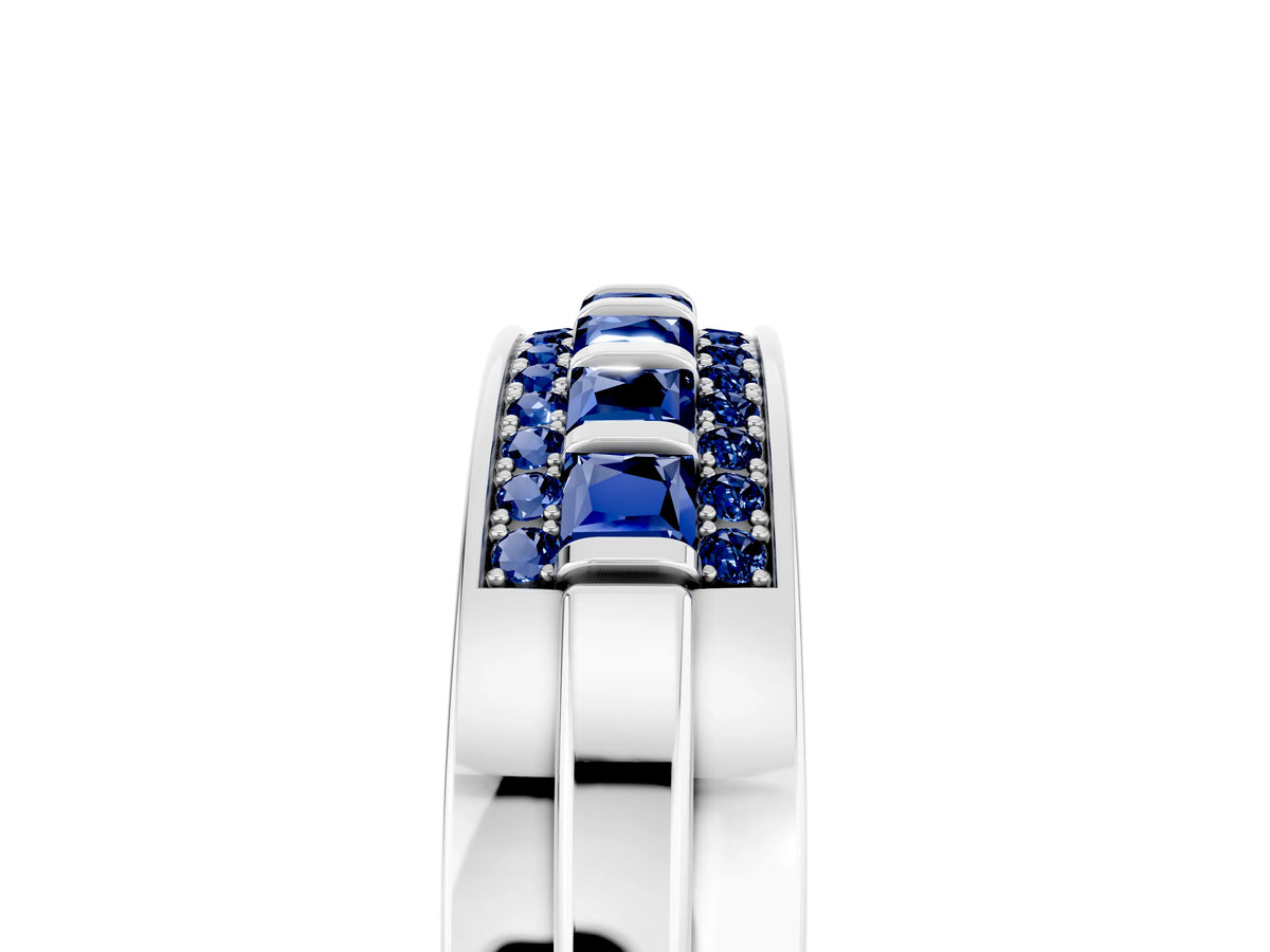 Princess Cut Blue Sapphire Bar-Set Pavé Band in White gold with Grooved Edge Detailing