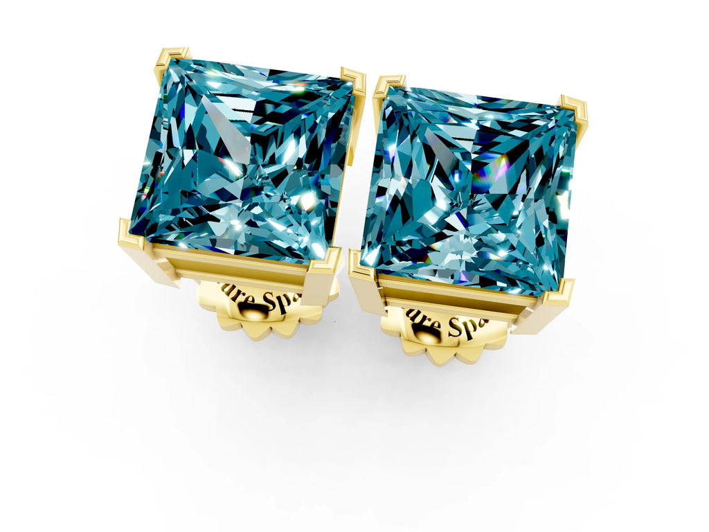 Princess Cut Blue Topaz Stud Earrings in Yellow gold with Basket Setting
