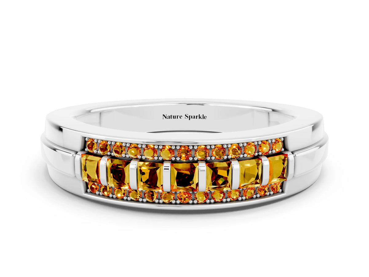 Princess Cut Citrine Bar-Set Pavé Band in Silver with Grooved Edge Detailing