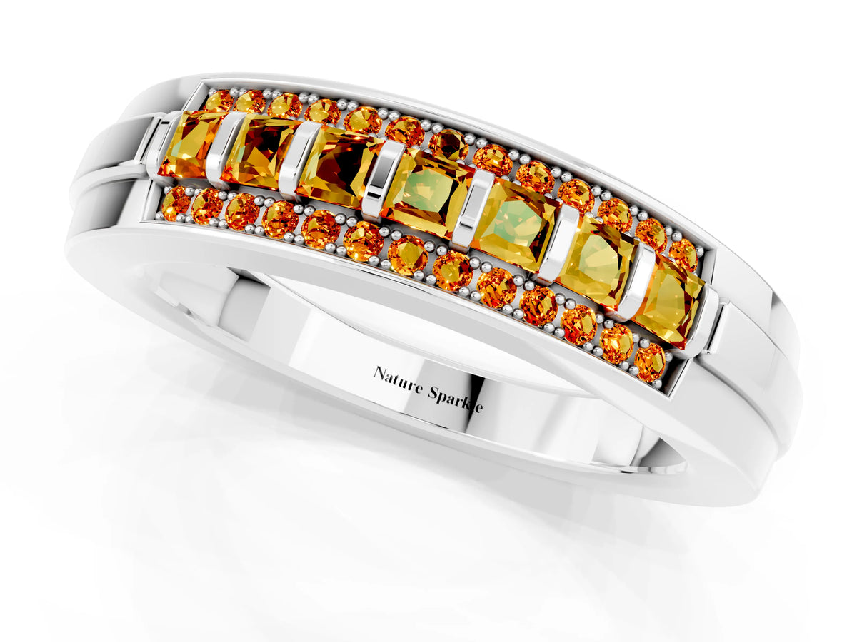Princess Cut Citrine Bar-Set Pavé Band in Silver with Grooved Edge Detailing