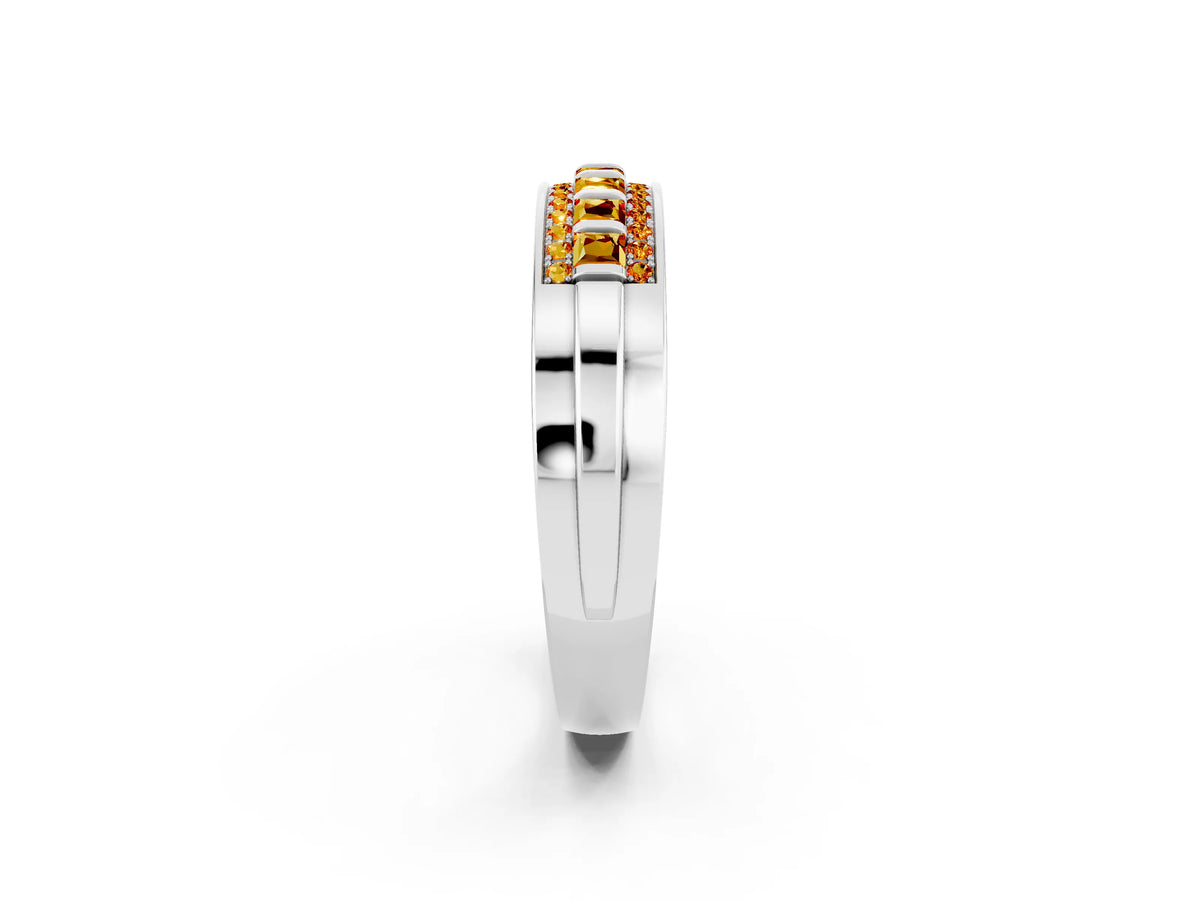 Princess Cut Citrine Bar-Set Pavé Band in Silver with Grooved Edge Detailing