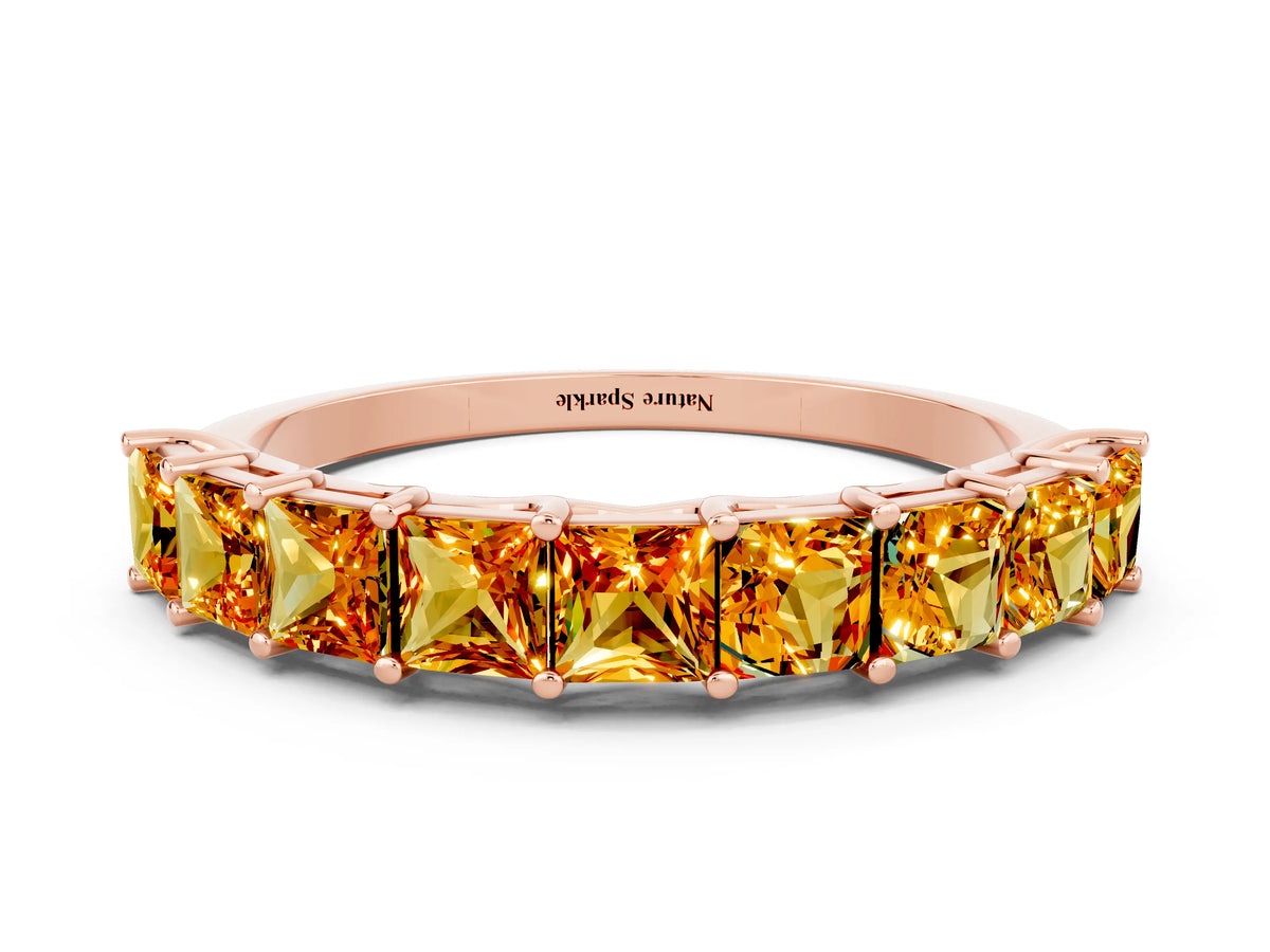 Princess Cut Citrine Eternity Band in Rose gold with Channel Setting and Prong Detail