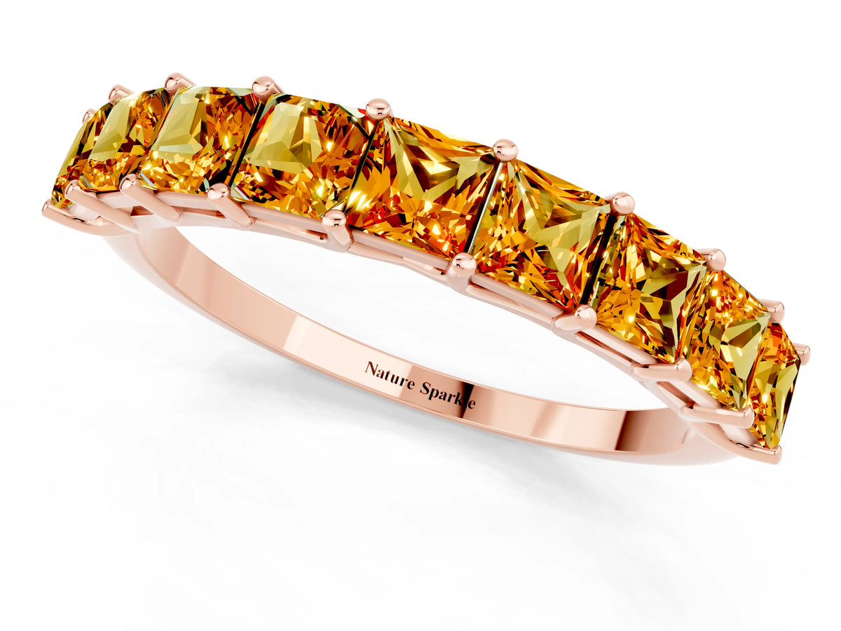 Princess Cut Citrine Eternity Band in Rose gold with Channel Setting and Prong Detail