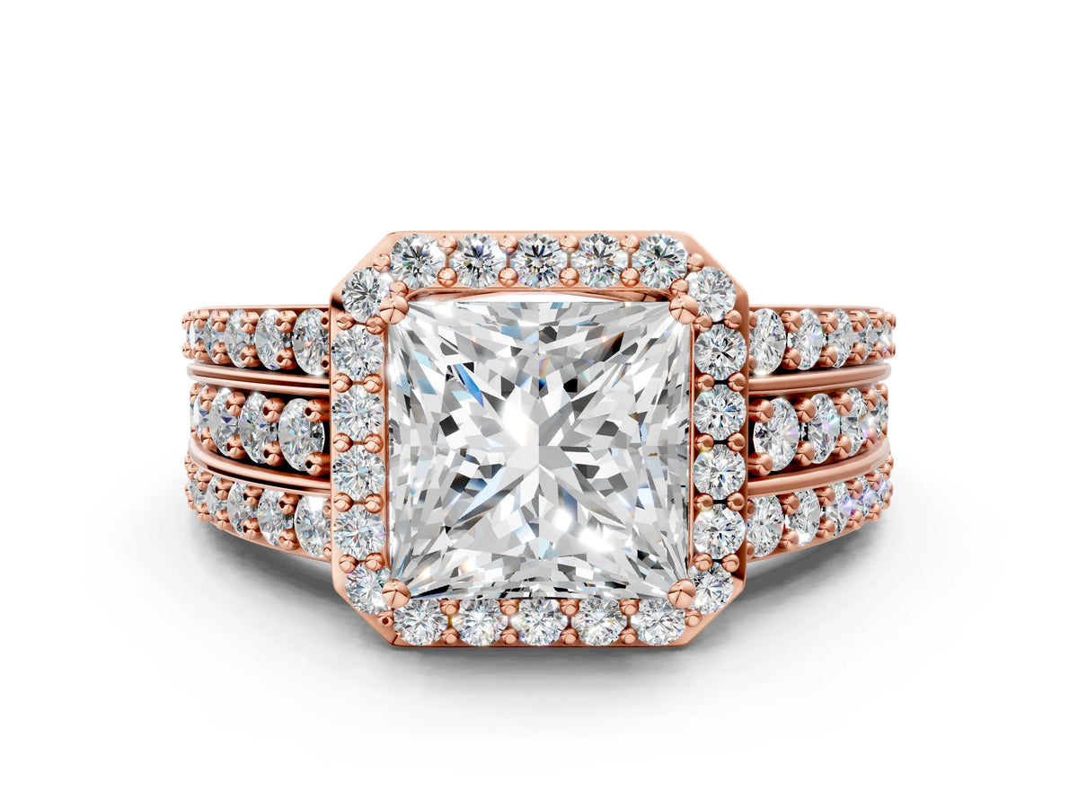 Princess Cut Diamond Halo Engagement Ring in Rose gold with Triple-Row Round Band