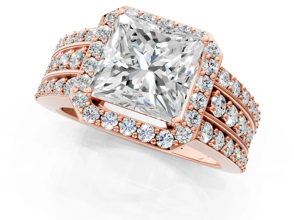Princess Cut Diamond Halo Engagement Ring in Rose gold with Triple-Row Round Band