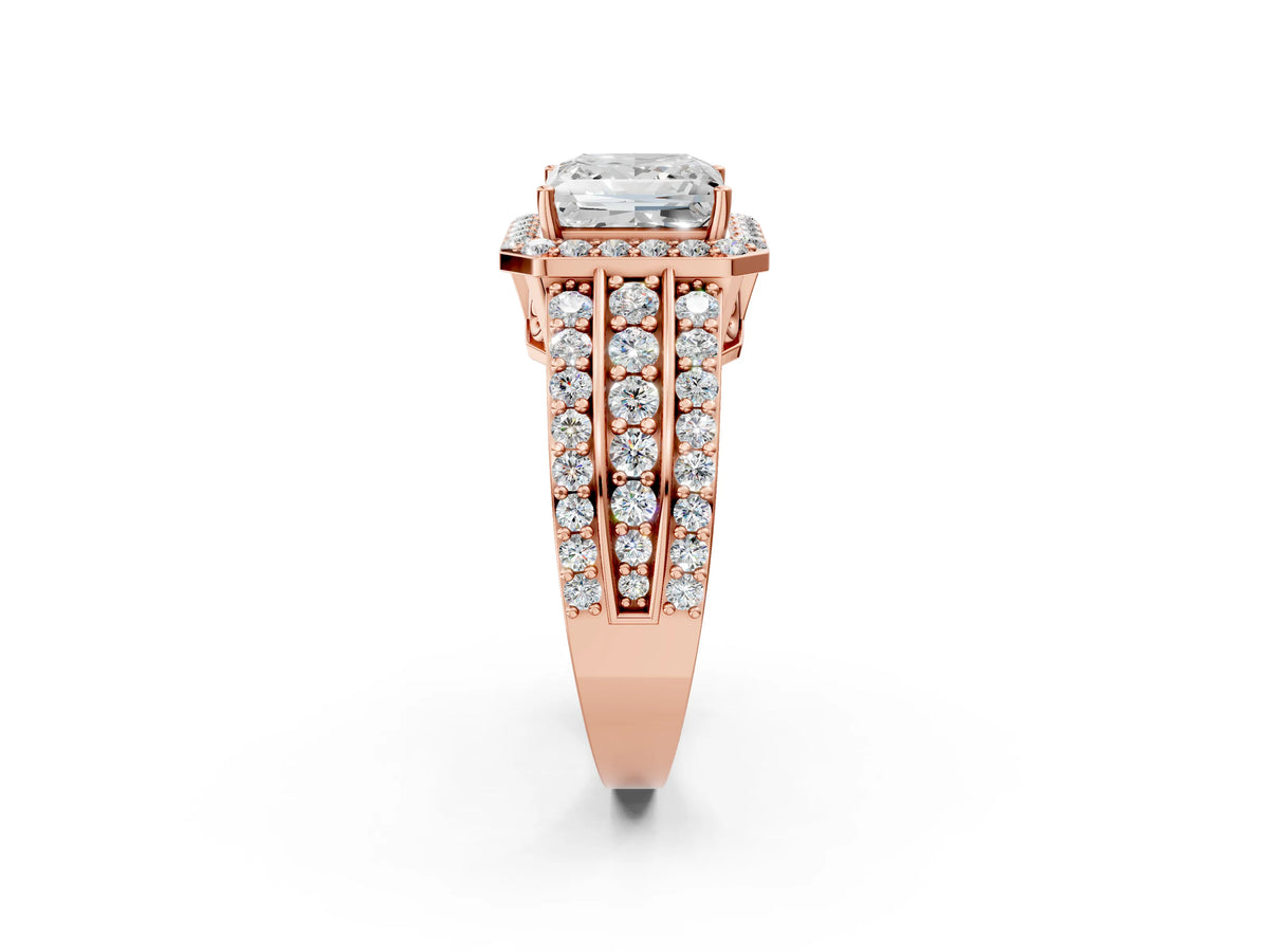 Princess Cut Diamond Halo Engagement Ring in Rose gold with Triple-Row Round Band