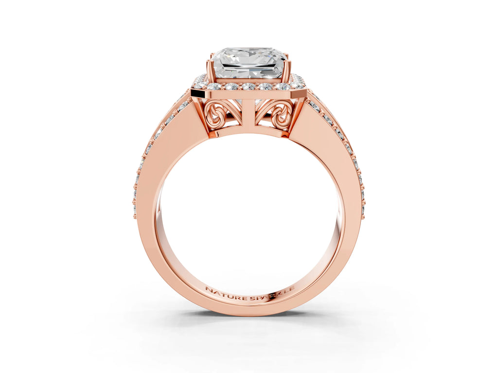 Princess Cut Diamond Halo Engagement Ring in Rose gold with Triple-Row Round Band