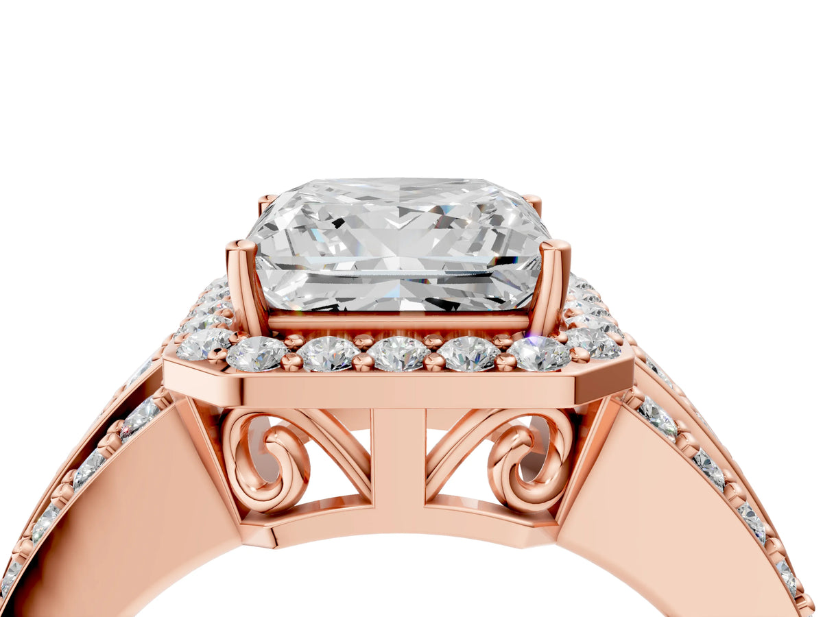 Princess Cut Diamond Halo Engagement Ring in Rose gold with Triple-Row Round Band