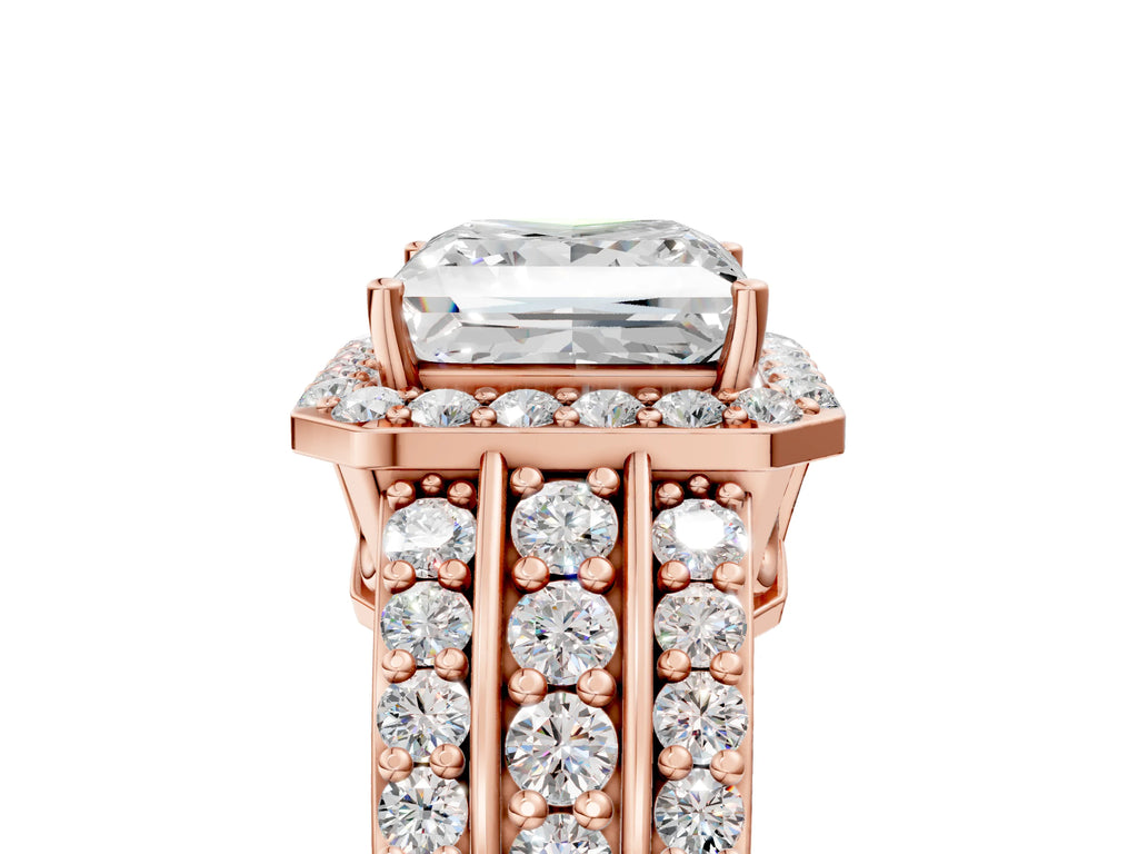 Princess Cut Diamond Halo Engagement Ring in Rose gold with Triple-Row Round Band