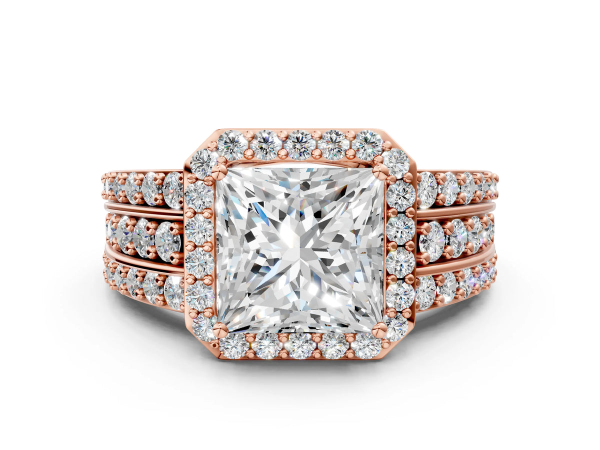 Princess Cut Diamond Halo Engagement Ring in Rose gold with Triple-Row Round Band