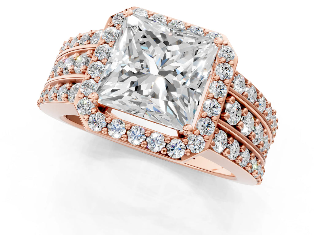 Princess Cut Diamond Halo Engagement Ring in Rose gold with Triple-Row Round Band
