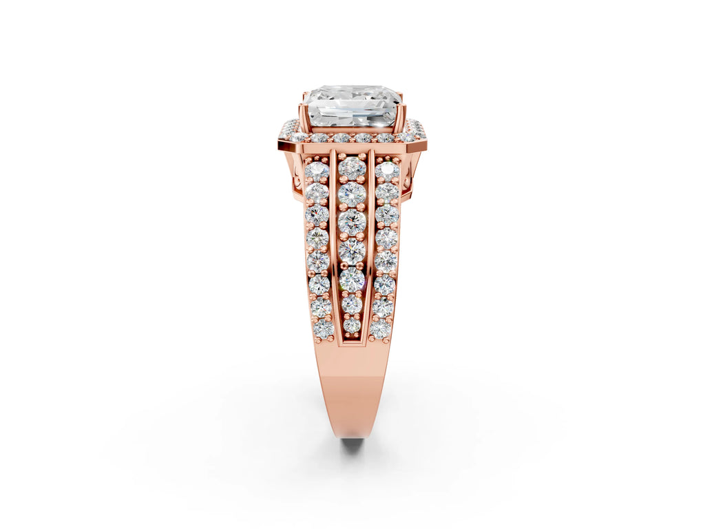 Princess Cut Diamond Halo Engagement Ring in Rose gold with Triple-Row Round Band