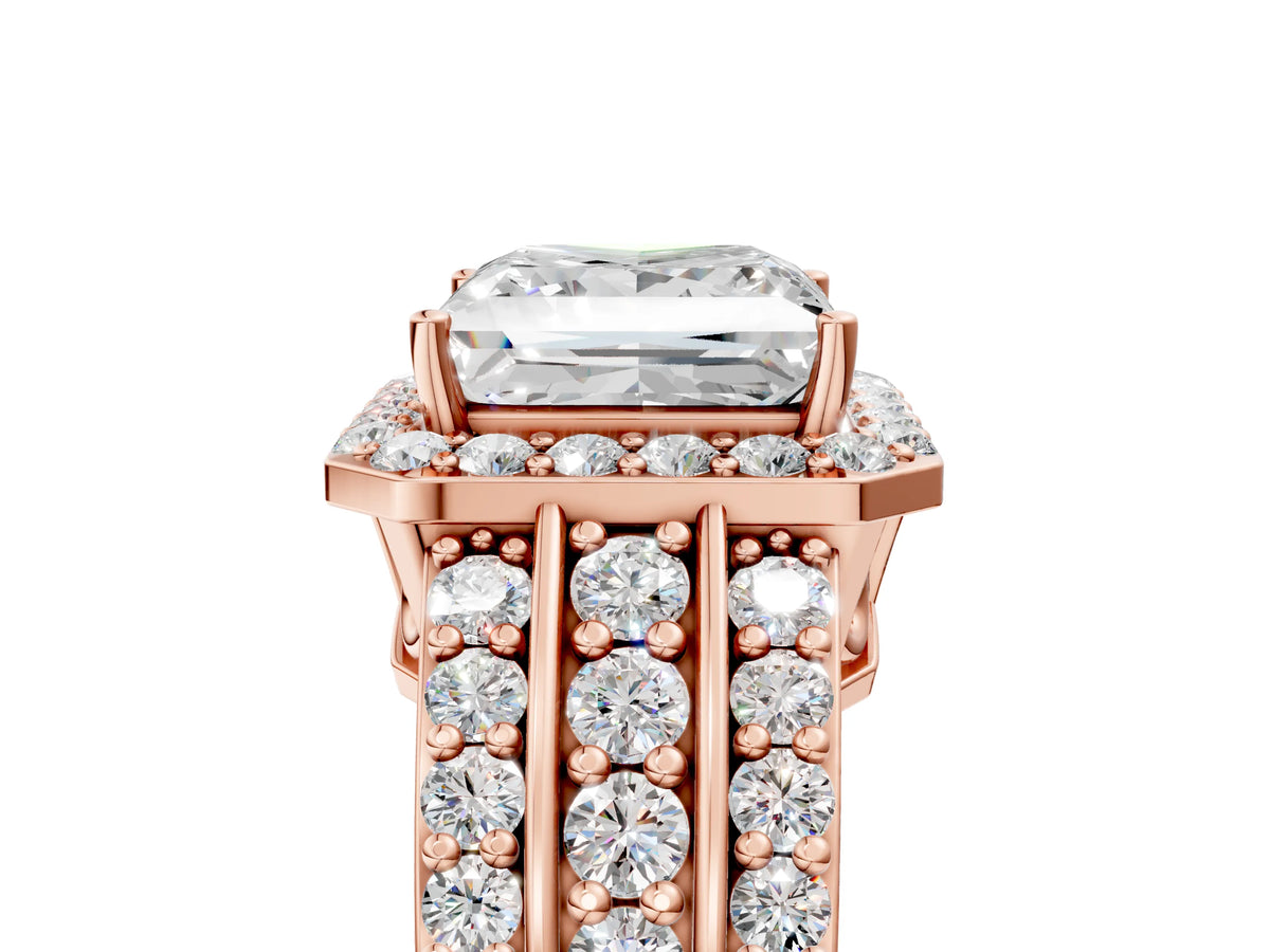 Princess Cut Diamond Halo Engagement Ring in Rose gold with Triple-Row Round Band