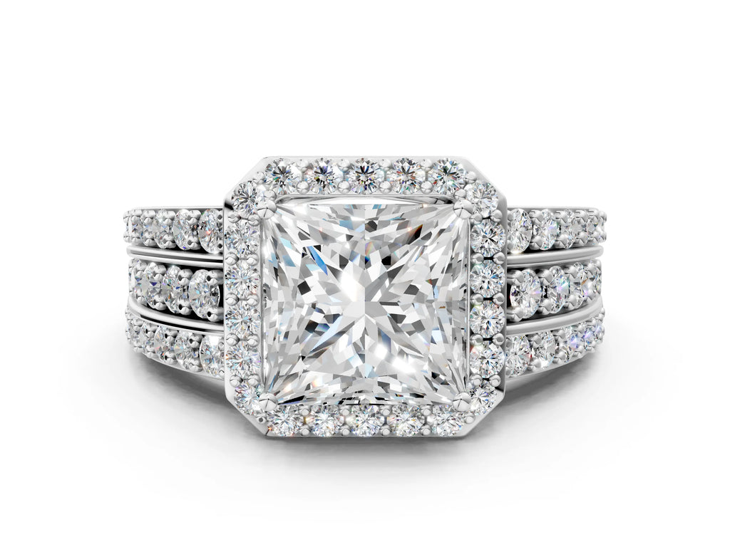 Princess Cut Diamond Halo Engagement Ring in Platinum with Triple-Row Round Band