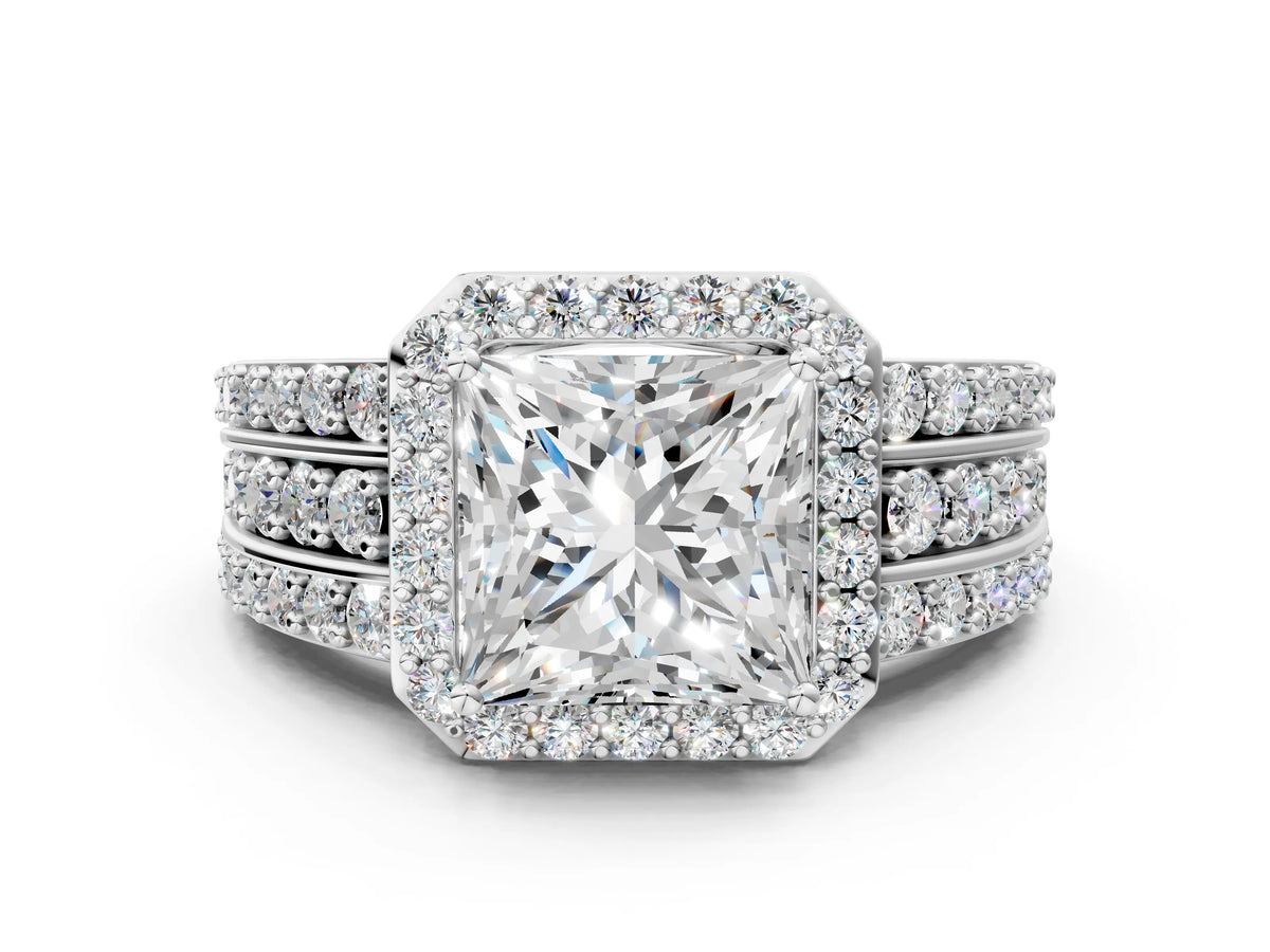 Princess Cut Diamond Halo Engagement Ring in Platinum with Triple-Row Round Band