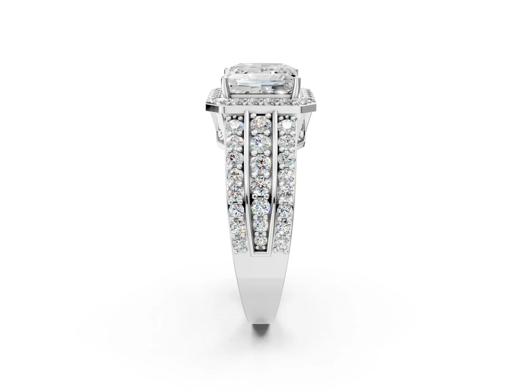 Princess Cut Diamond Halo Engagement Ring in Platinum with Triple-Row Round Band