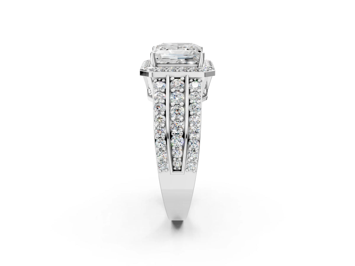 Princess Cut Diamond Halo Engagement Ring in Platinum with Triple-Row Round Band
