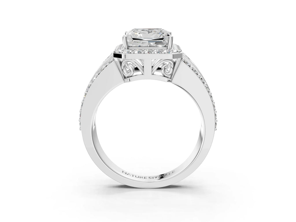 Princess Cut Diamond Halo Engagement Ring in Platinum with Triple-Row Round Band