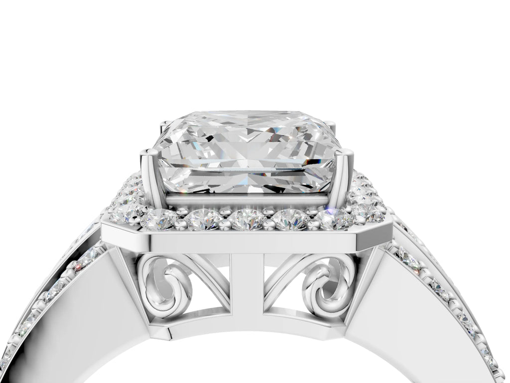 Princess Cut Diamond Halo Engagement Ring in Platinum with Triple-Row Round Band
