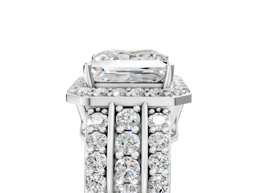 Princess Cut Diamond Halo Engagement Ring in Platinum with Triple-Row Round Band