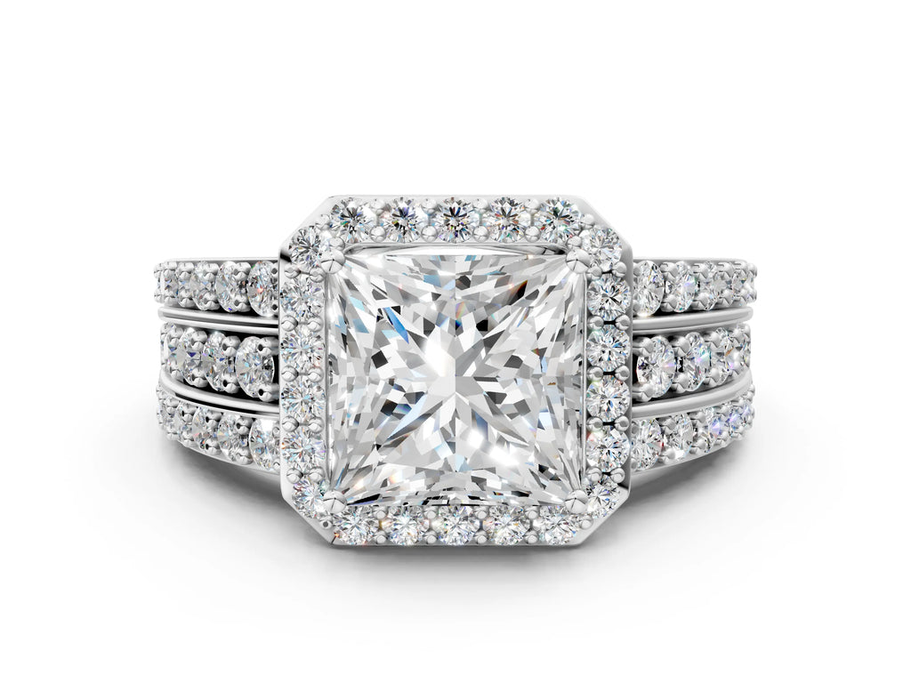 Princess Cut Diamond Halo Engagement Ring in Platinum with Triple-Row Round Band