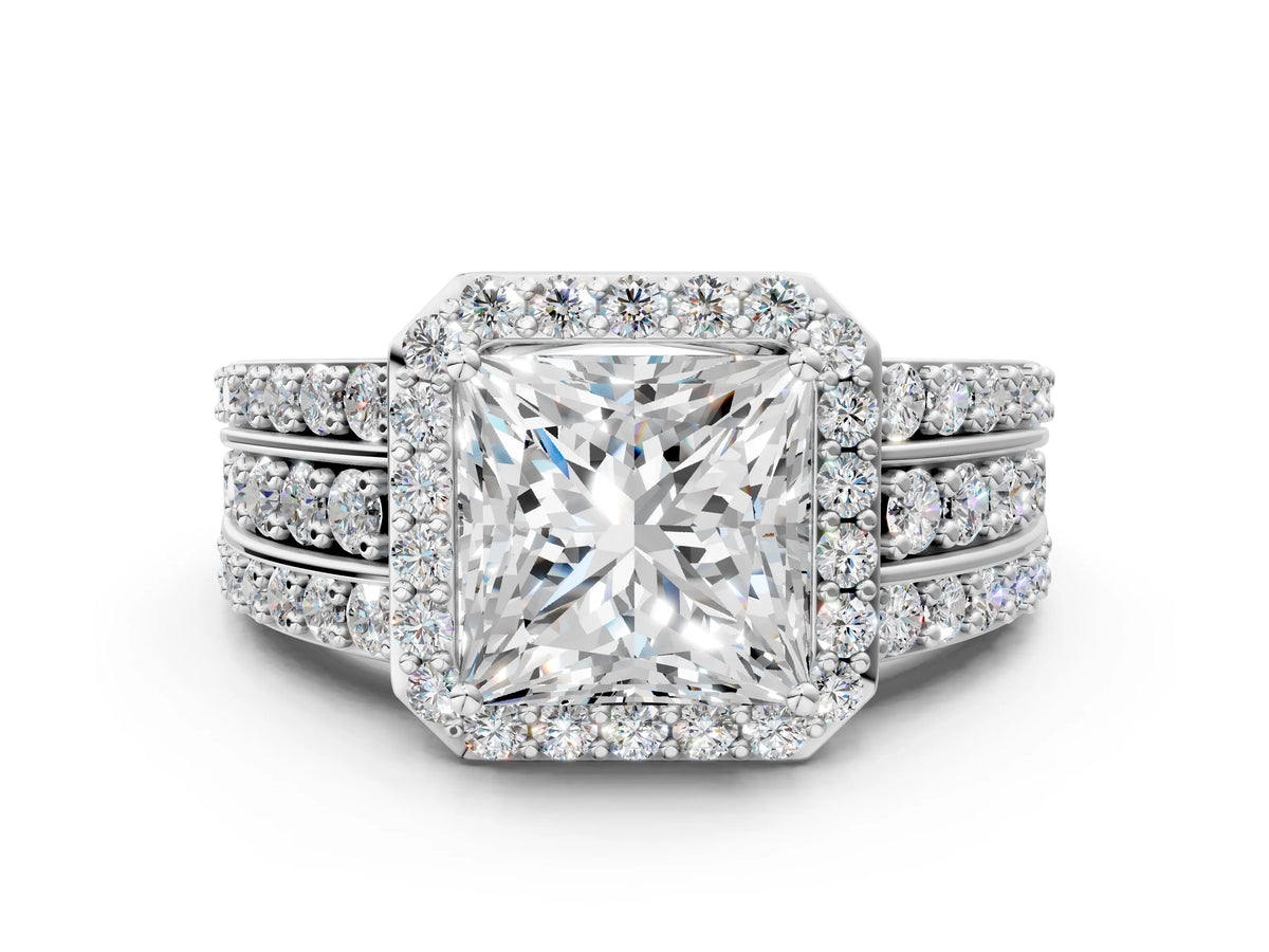 Princess Cut Diamond Halo Engagement Ring in Platinum with Triple-Row Round Band