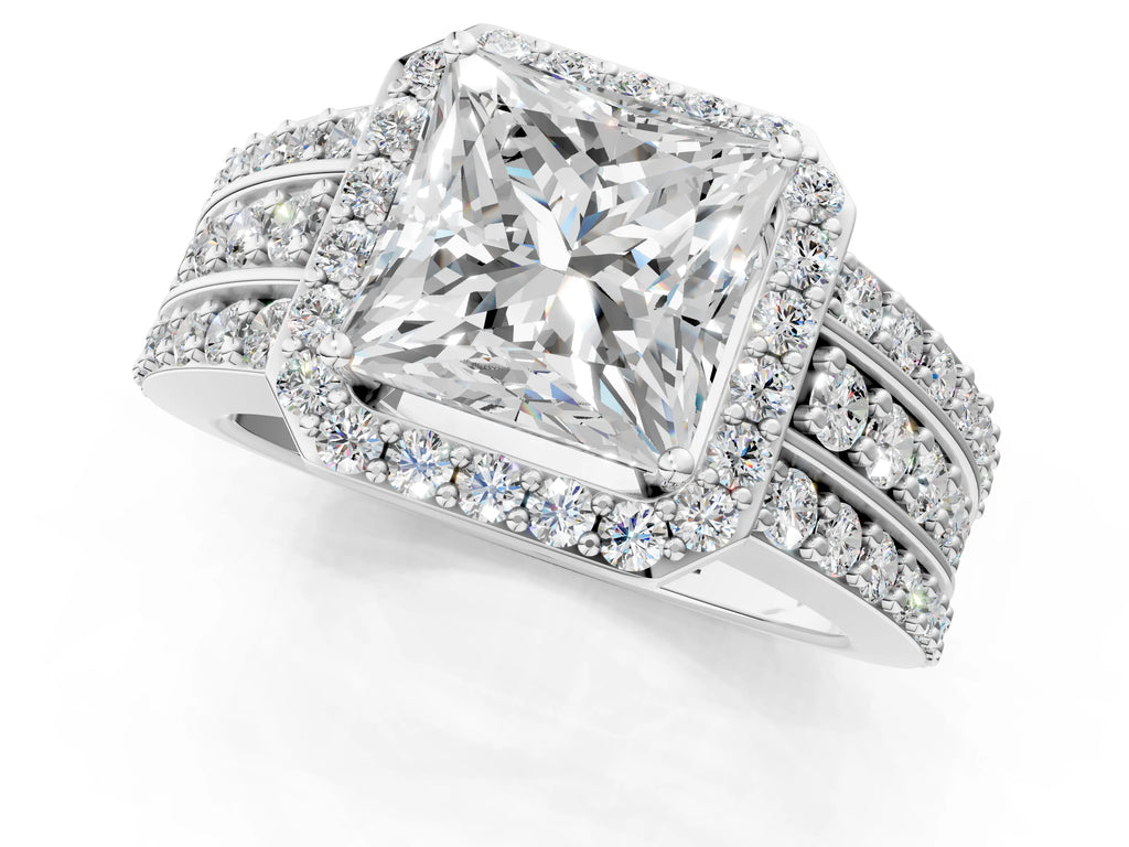 Princess Cut Diamond Halo Engagement Ring in Platinum with Triple-Row Round Band