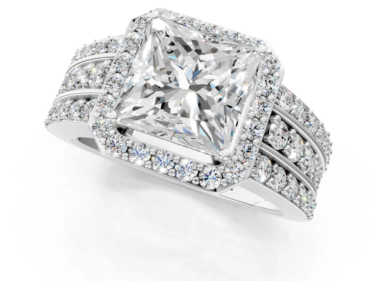 Princess Cut Diamond Halo Engagement Ring in Platinum with Triple-Row Round Band