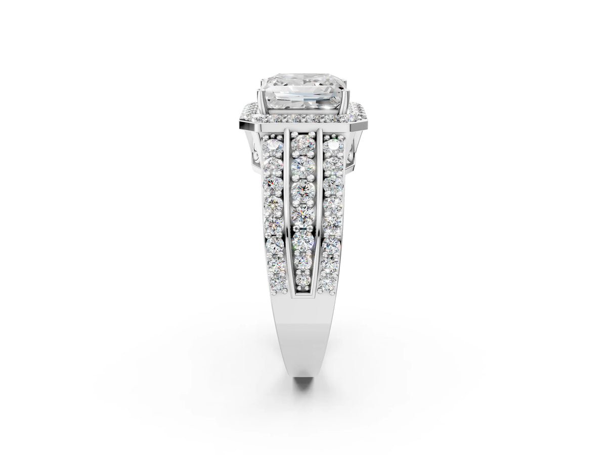Princess Cut Diamond Halo Engagement Ring in Platinum with Triple-Row Round Band