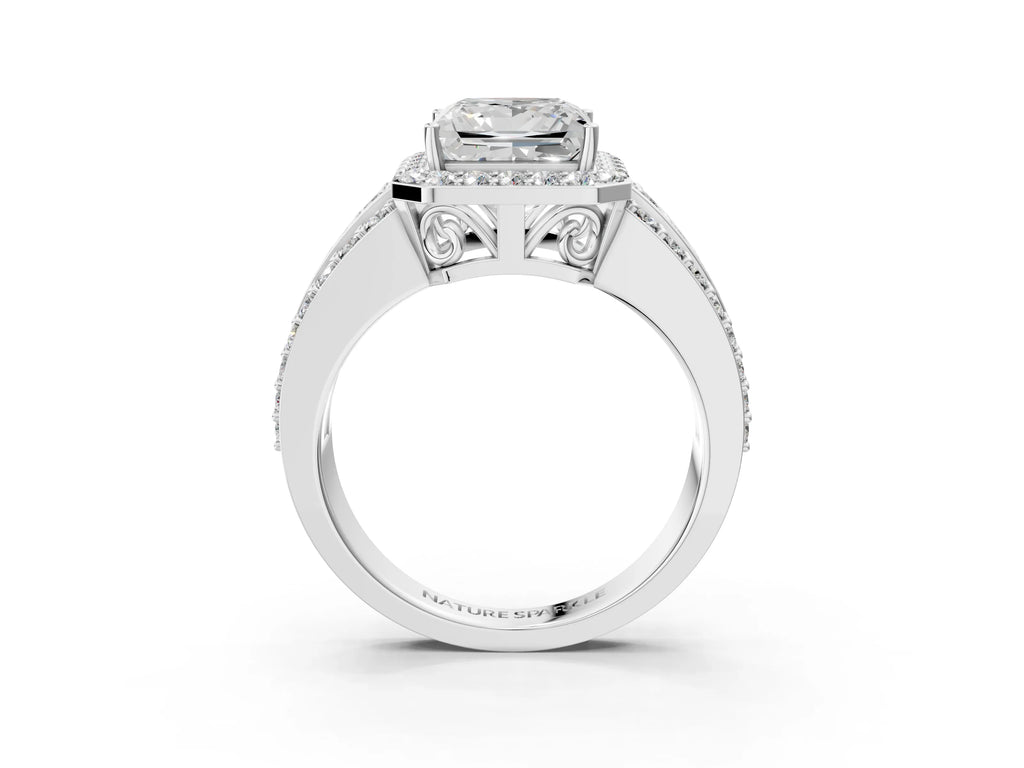 Princess Cut Diamond Halo Engagement Ring in Platinum with Triple-Row Round Band