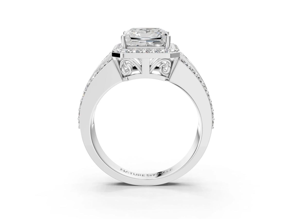 Princess Cut Diamond Halo Engagement Ring in Platinum with Triple-Row Round Band