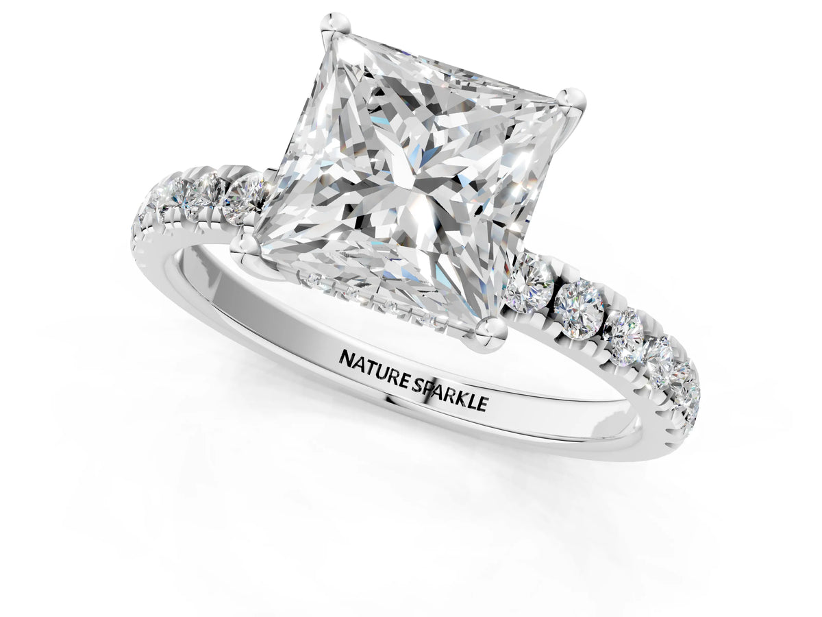 Princess Cut Diamond Hidden Halo Engagement Ring in White gold with Round Pavé Band
