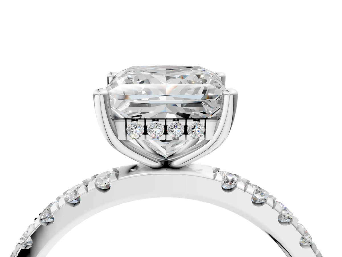 Princess Cut Diamond Hidden Halo Engagement Ring in White gold with Round Pavé Band
