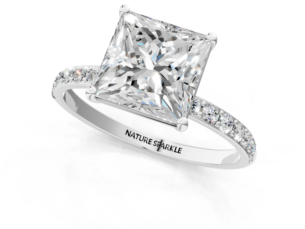 Princess Cut Diamond Solitaire Ring in Platinum with Round Pavé Band