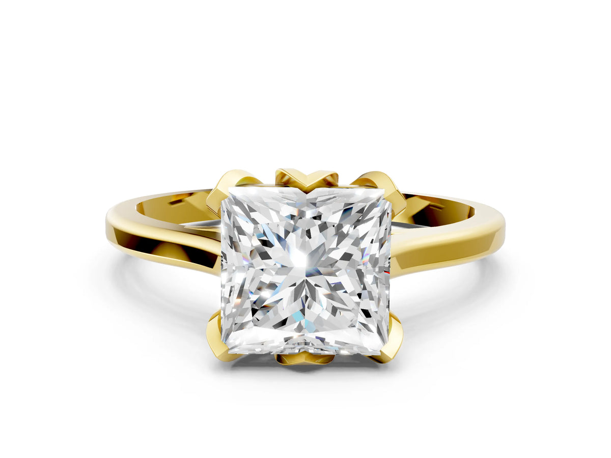 Princess Cut Diamond Solitaire Ring in Yellow gold with Flower Prong Setting