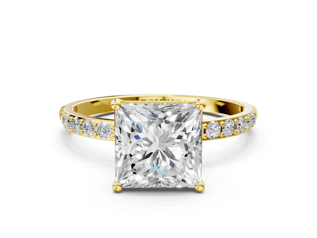 Princess Cut Diamond Solitaire Ring in Yellow gold with Round Pavé Band