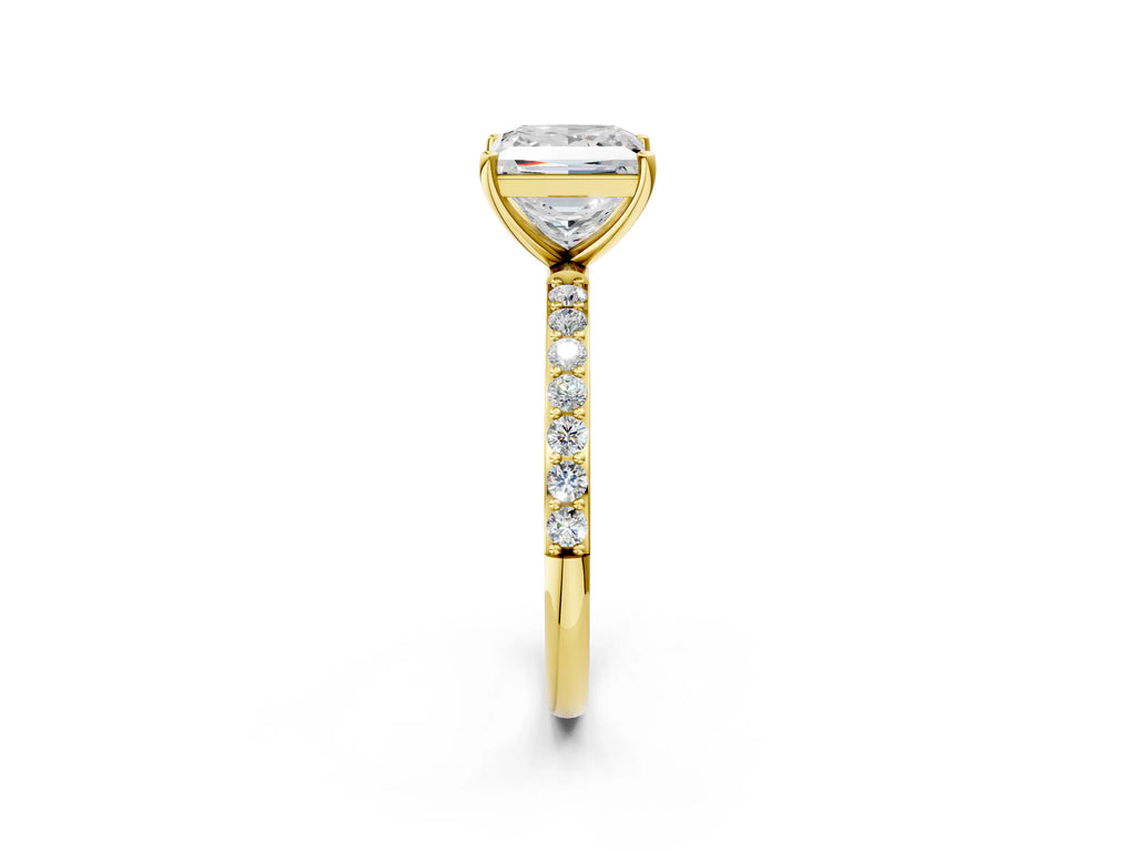 Princess Cut Diamond Solitaire Ring in Yellow gold with Round Pavé Band