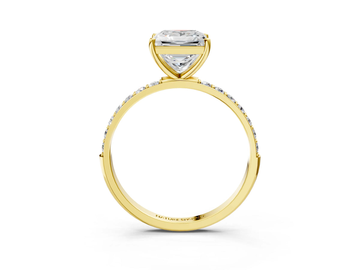 Princess Cut Diamond Solitaire Ring in Yellow gold with Round Pavé Band