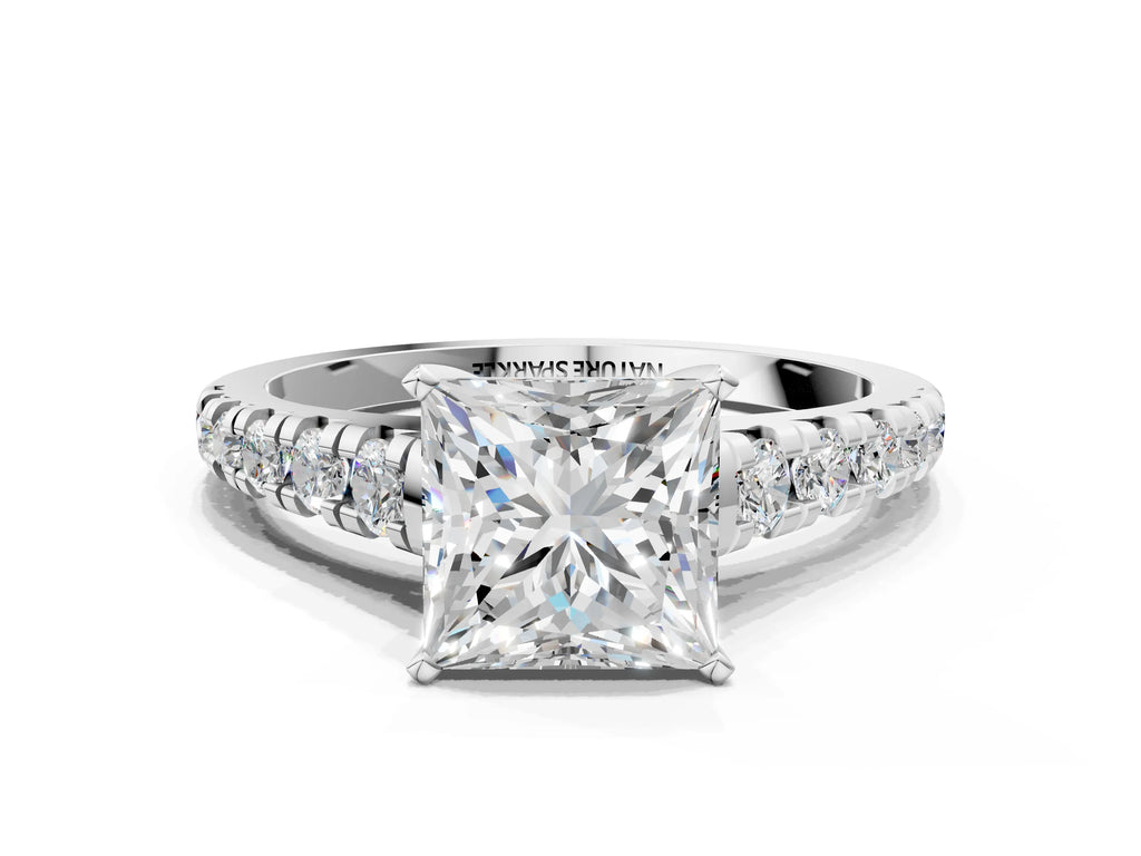 Princess Cut Diamond Vintage Scroll Solitaire Ring in Silver with Graduated Round Side Stones